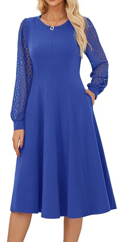 Elegant Women’s Long Sleeve Crew Neck Midi A-Line Dresses Lace Casual Solid Formal Cocktail Dress L Royal Blue
