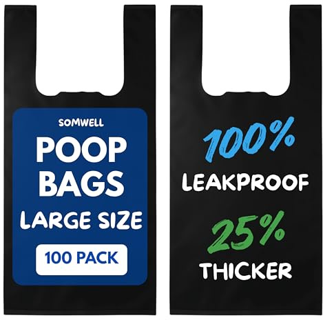 Somwell – Pack of 100 Large Dog Poo Bags, Extra Strong Poo Bags with Tie Handles, Leakproof Dog Waste Bags, Pet Poop Disposal, Odour-Free, Opaque, Tearproof (18, 13, 8) (100)