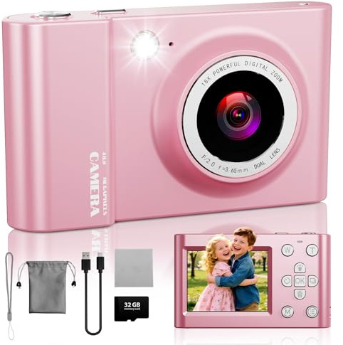 CHAKEYAKE Cámara Digital 4K, Cámara Fotográfica 64 MP con Autofoco, Zoom Digital 18X, Pantalla LCD de 2,4, Tarjeta de 32 GB, Filtros, Camara Compacta para Niños, Adolescentes Principiantes Vlog, Rosa
