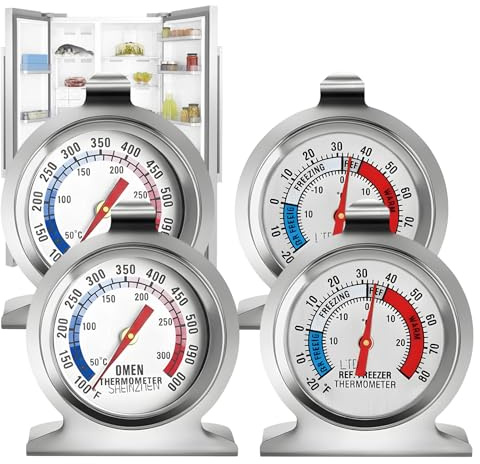 4 Pack Stainless Steel Fridge Freezer Thermometer UK, Large Dial Thermometer with Hanging Hook & Stand for Refrigerator and Freezer, Dual-Scale Temperature Monitor for Food Safety