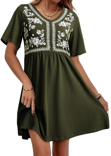 Dokotoo Dresses for Women Casual Short Sleeve Floral Boho Mini Dress Womens V Neck Lightweight A Line Babydoll Cute Weastern Outfit for Women 2026 Flowy Beach Vacation Clothes Green XX-Large