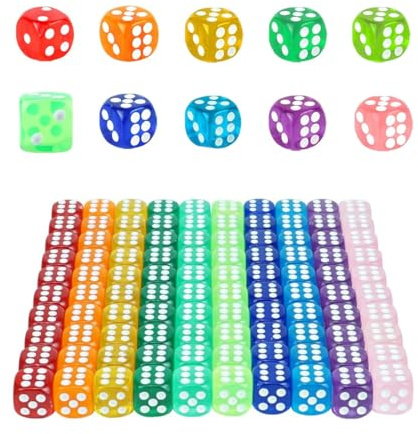 100 Pièces Dés de Translucides Couleurs Jeu de Dés 16mm 6 Face de Coin arrondis,6 Face dés Jouer à des Jeux,pour Jeu de Dés et Jeux de Table et Fête,10 Couleurs