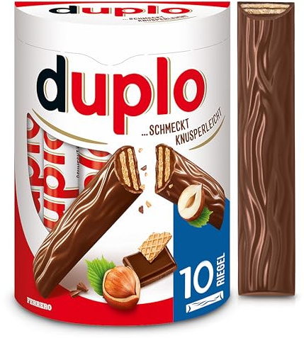 Duplo – Schokoriegel mit feiner Nugatcreme, knuspriger Waffel & zarter Vollmilchschokolade – Schmeckt knusperleicht – 1 Packung mit 10 Einzelriegeln (10 x 18,2 g)