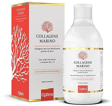 Collagene Marino Idrolizzato Liquido, pronto da bere, con Acido Ialuronico e Vitamine C, E, B6, 500 ml Collagene Marino Optima Naturals