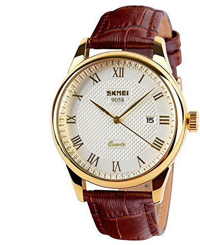 SKMEI Herren-Armbanduhr mit Quarzwerk für Geschäftsleute, römische Ziffern, Echtlederarmband, leger, wasserdicht, analoge Uhren, Klassisch