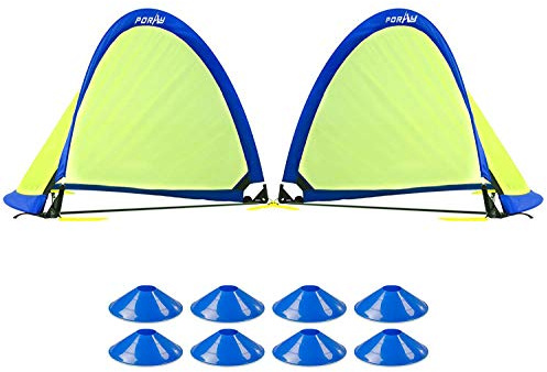 Poray Soccer Goal for Kid Easy-up Set of Two Portable Soccer Net 210D Oxford with 8 Field Marker Cones Extra Stakes Fun for Backyard and Soccer Training (2.4FT Long Blue Goal Set)