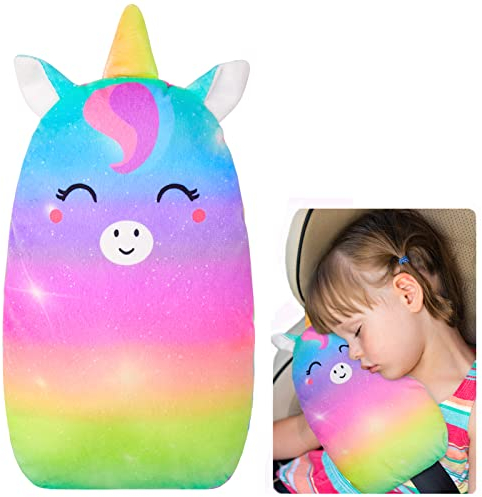 Basumee Unicorn Gurtpolster Kinder Auto Sicherheitsgurt Schulterpolster Gürtelkissen Schutzkissen und Samtbeutel Groß für mehr Komfort auf der Reise