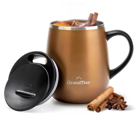 GRANDTIES Taza de café aislada con asa, tapa deslizante para termo a prueba de salpicaduras de 460 ml, con doble pared de acero inoxidable al vacío, mantiene las bebidas calientes y frías, color coñac