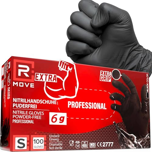 R MOVE 100 guanti monouso in nitrile neri taglia S, EXTRA RESISTENTI +60% di spessore in più al dito rispetto al 3,5 gr, no polvere, no lattice per meccanici, tatuatori, ristorazione, 6 grammi (S)