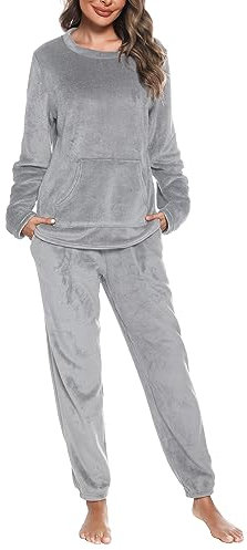 Vlazom Damen Schlafanzug Flanell Hausanzug Winter Pyjama Set Lang Zweiteiliger Schlafanzug（XL,Grau ohne Kapuze）