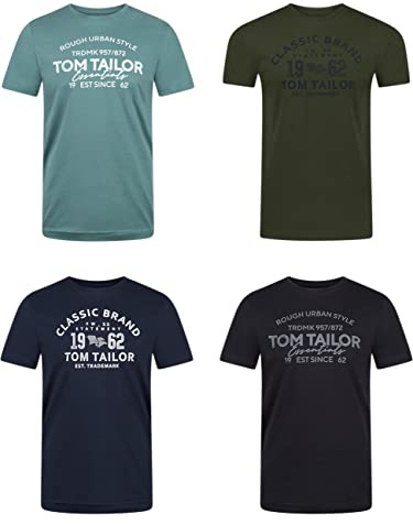 TOM TAILOR Camiseta para hombre, paquete de 4 unidades, cuello redondo, manga corta, corte regular, estampado de verano, 100% algodón, negro, blanco, verde, rojo, azul, gris