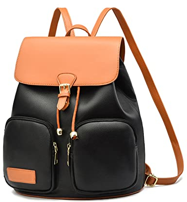NICOLE & DORIS Frauen Rucksack Modern Rucksack Damen Elegant PU Leder Rucksackhandtaschen Anti Diebstahl Rucksäcke Cityrucksack Daypack für Reisen Freizeit Arbeit Schwarz mit Braun
