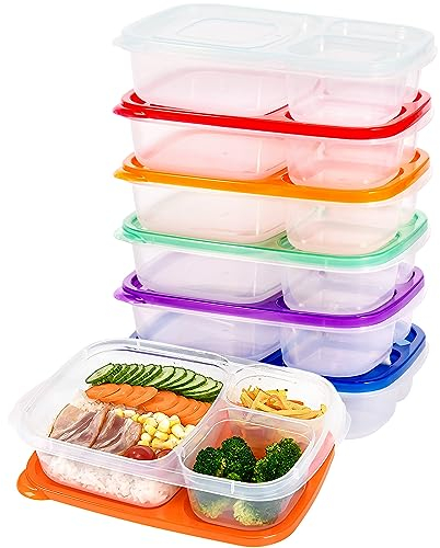 Lot de 7 Box avec Couvercle, Box sans BPA, Boîte Repas avec Trois Compartiments, Boites Alimentaires Repas, Adapté Micro ondes, Lave Vaisselle, Couleur de Arc en Ciel