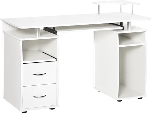 HOMCOM Escritorio con Estanterías Mesa de Ordenador con 2 Cajones Bandeja de Teclado Extraíble y Soporte para Monitor CPU para Oficina Estudio 120x55x85 cm Blanco