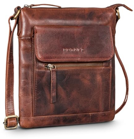 ROYALZ 'Florence' Borsa moderna in pelle da donna in vera pelle Borsa a tracolla piccola da donna piatta Elegante borsa per tablet, Colore:Roma Cognac Marrone