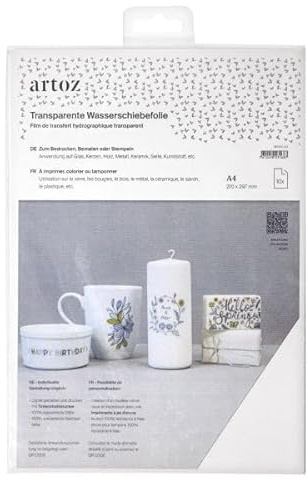 Artoz Transparent vattenglidande film – DIN A4-10-ark – för bläckstråleskrivare – användning på keramik, glas, trä, metall, plast, ljus, tvål och mycket mer