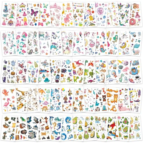 Zhtulck Temporary Tattoos for Kids, 600+ Mixed Kids Temporary Tattoos, Mermaid Animal Dinosaur for Party Bags Birthday Present Favors Supplies