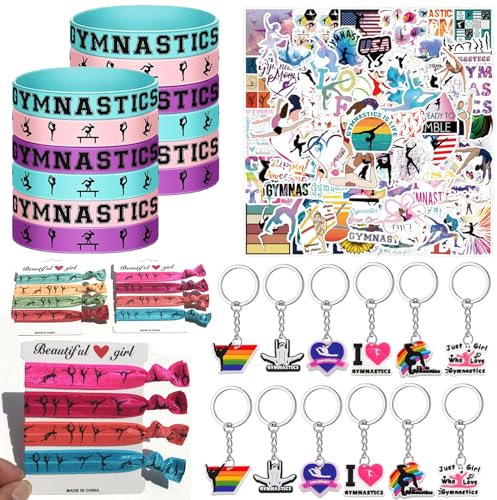 136 bomboniere per feste di ginnastica a tema ginnastica forniture per feste di compleanno includono braccialetti in silicone, portachiavi, fascette per capelli e adesivi in vinile per ragazze donne