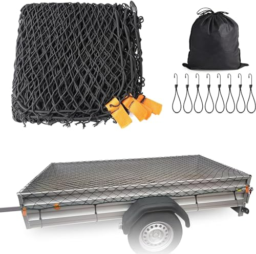 Anhängernetz,1,5x2,2M Anhängernetz Feinmaschig,Transportnetz zur Ladungssicherung für Ladungssicherung elastisches Sicherungs-Netz mit Haken und Befestigungsknöpfen Schwarz