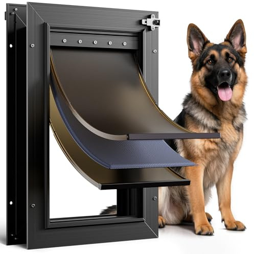 Dog Door for Door All Aluminum 3 Flaps Black, Large Dog Doggy Doggie Door, Heavy Duty Pet Door for Dogs Cats, with Insulation Flap, Telescoping Tunnel, Sliding Closing Panel, for Pets Up to 110lb