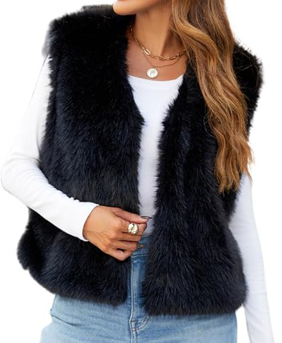 HzDazrl Gilet en fausse fourrure pour femme - Sans manches - Couleur unie - Ouvert sur le devant - Veste tendance d'automne décontractée - Gilet court (noir, XXL), Noir , XXL