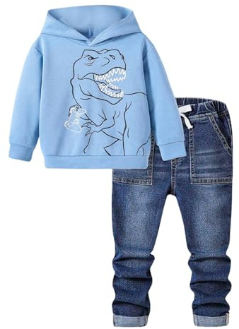 Vuncio Ensemble Hiver Garçon 1-7 Ans Vêtements Enfants Garçons Pantalon Jeans Et Haut Sweat a Capuche Dinosaure Mignon Animal Dessin Fashion Casual Sport Jogging Vacances (Bleu, 4-5 ans)