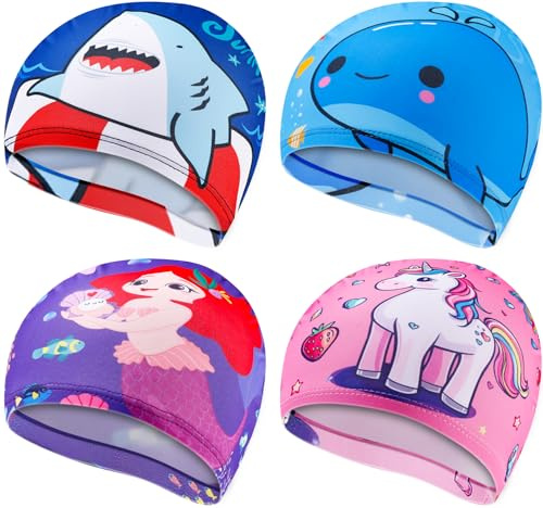 Enjamyo 4 Pcs Kids Swim Caps Fabric Mermaid Unicorn