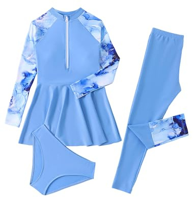 Maillot de bain musulman islamique pour filles Burkini à manches longues Rashguard haut de bain avec pantalon et short de bikini 3 pièces Tankinis Maillot de bain modeste pour enfants, bleu, 12-14 ans