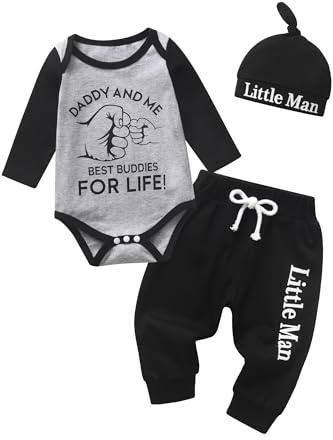 Tearfuty Newborn Baby Boy Clothes Long Sleeve Romper + Pants + Hat 3pcs Clothing Sets Black（6-9 Months）