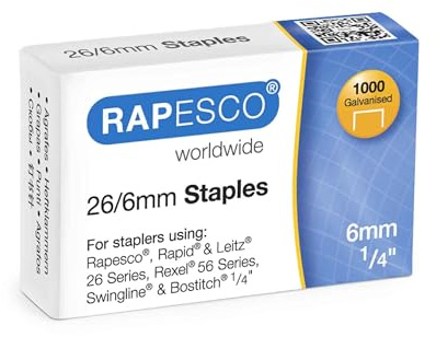 Rapesco S11661Z3 Type 26/6 mm Galvanised Staples, Pack of 1000 | Equivalent to Type No.56