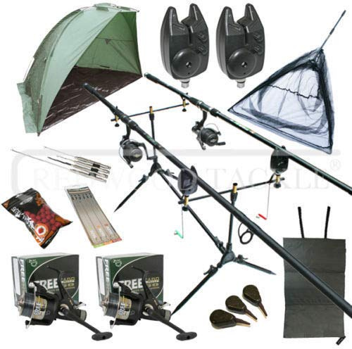 OAKWOOD Carp Fishing Set Up Kit 3PC CARP Rods Reels Alarms & Tackle Mat & Shelter