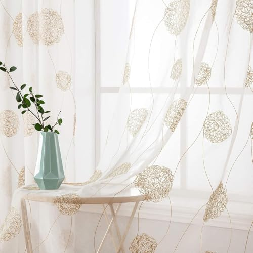 MIULEE Tenda per Camera da Letto, Tende Voile con Oro Ricamata Motivo, Tende Bianche Trasparenti con Occhielli, Tenda Finestra Interni per Casa Soggiorno e Salotto 2 Pezzi,2XL 140 x A 260 cm