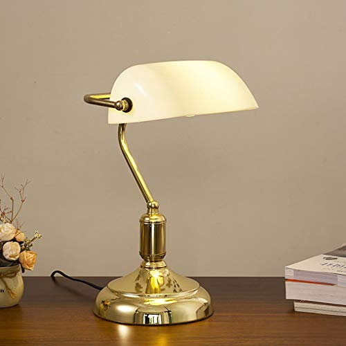 LANMOU Retro bordslampa traditionell bankerlampa, E27 sänglampa med glaslampskärm och dragströmbrytare, dekorativ kontor skrivbordslampa vintage bankers ljus för arbetsrum, Guld