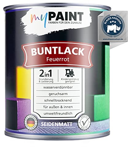 myPAINT® vernice colorata 2in1 (750ml, RAL 3000 rosso fuoco) extra opaco setoso lucido vernice acrilica - vernice per giocattoli per bambini - vernice per legno - vernice per legno da interni