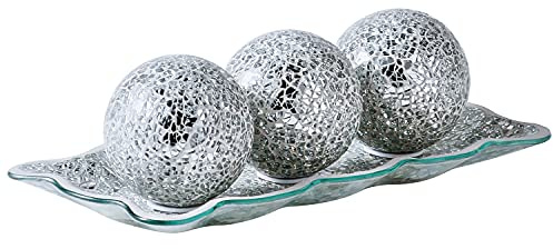 KMWARES 12.4” Mosaic Glass Decorative Tray Dish Plate with 3pcs 3 Decorative Orbs Balls Sphere Decor for Living Room or Dining Table Coffee Table Mantle Decor Centerpiece (Silver)