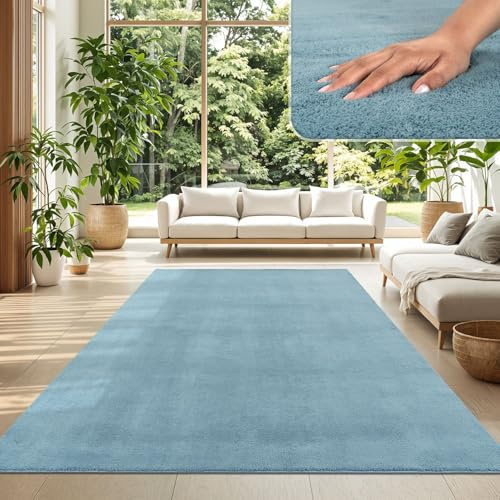 TT Home Wohnzimmer Teppich Kurzflor Anti-Rutsch Rückseite Unifarben Modern Waschbar, Farbe: Hellblau Türkis, Größe:140x200 cm