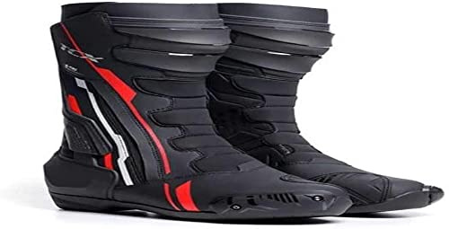 TCX - S-TR1, Herren-Motorradstiefel, Sportlich und Zertifiziert, Motorradstiefel mit Mikrofaser-Obermaterial, Seitlichem Elastik-Reißverschluss und Klettverschluss, Schwarz/Rot/Weiß