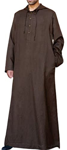 YAOHUOLE Mens Ethnic Kaftan Robes Drawstring Hood Casual Long Sleeve Muslim Thobe Ayaba with Pocket Brown L