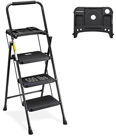 HBTower 3 Step Ladder with Tool Tray, Folding Step Stool with Wide Non-Slip Pedal and Comfort Handgrip for Household and Office, Lightweight 500lbs Capacity Step Ladder, Black