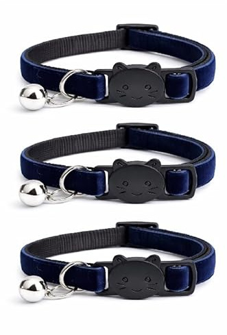 Velvet Cat Collars with Bell. Safe Breakaway Quick Release Buckle. Available in Cat & Kitten Size (Pack of 3) (Cat Collar (20cm - 30cm), Navy Blue (Pack of 3))