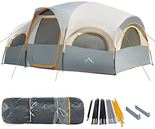 GoHimal 8 Person Tent for Camping, Waterproof Windproof Family Tent with Rainfly, Divided Curtain Design for Privacy Space, Portable with Carry Bag