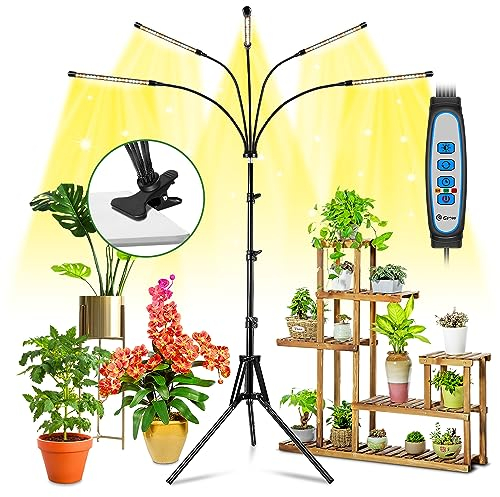 Wolezek Lampes de croissance pour plantes d'intérieur à spectre complet, 100 LED pour culture en intérieur avec support réglable, lampe de croissance à 5 têtes avec minuterie automatique 6/12/16