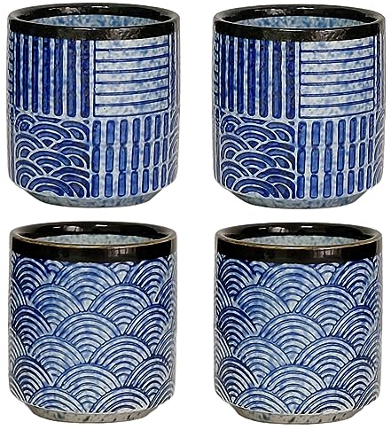 NIUKOMY Taza de Té Japonesa, Juego de 4 Tazas de Té de Porcelana, Taza de Café sin Asa, Set de Tazas de Cerámica para Sushi Sake Espresso Cappuccino Azul 190ML
