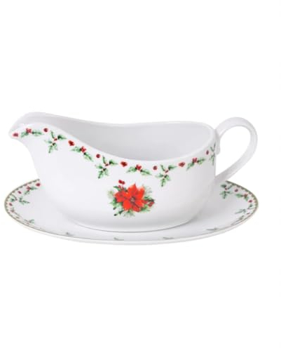 Gravy Boat & Saucer Set Porcelain Christmas Holly Serving Sauce Dish Dinnerware