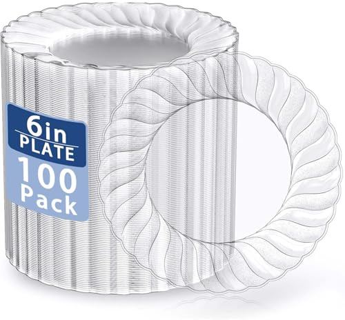 U-QE 100 Pieces Clear Plastic Plates-6 Inch Plastic Dessert Plates Disposable - Washable & Reusable - Premium Hard Clear Plates Fancy Disposable Heavy Duty Plastic Plates for Party,Weddings and Events