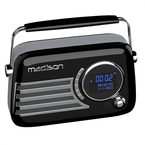 Madison - FREESOUND-VR40BK-DAB - Radio Dab+ Vintage sur Batterie Longue autonomie - Dab+, FM, Bluetooth & USB - Subwoofer à l'arrière - Noir Brillant - Vintage, Nostalgie, Retro