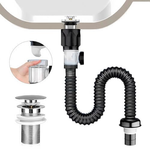 Desague Lavabo Kits, Sifón Lavabo Flexible Sifon Cocina Fregadero con y Pop-Up Filtro Sifon Lavabo Tubo Desague y Desagüe Extensible de 300-1000 mm