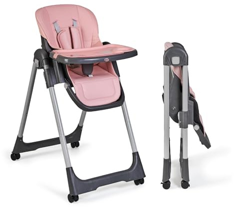 Ms BabyWorld - Chaise haute évolutive pour bébé Tasty | 7 positions de hauteur et 3 inclinaisons | Plateau amovible et repose-pieds réglable | Portable, pliable, jusqu’à 3 ans (Rose)