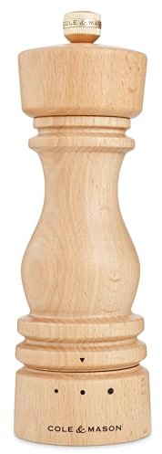 Cole & Mason London Moulin à sel – Shaker à épices rechargeable avec un design en bois de qualité supérieure – Réglable pour assaisonnements fins à grossiers – Bois de hêtre 17,8 cm