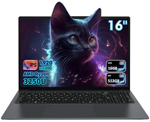 Pryloxen Ordinateur Portable 16 FHD Ultra-Fin - Processeur Ryzen 3 3250U 3.5 GHz | 16 Go DDR4 + 512 Go SSD | Écran IPS 1920x1200 | Clavier Rétroéclairé | WiFi 5G | Design Léger 1,68 kg